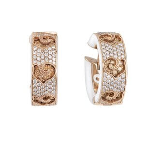 18K Pink Gold Carousel Earrings in Diamond Paved Rooster and White Enamel