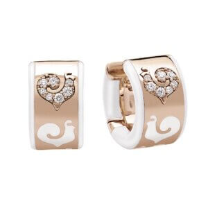 18K Pink Gold Carousel Earrings in Diamond Paved Rooster and White Enamel