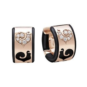 18K Pink Gold Carousel Earrings in Diamond Paved Rooster and Black Enamel