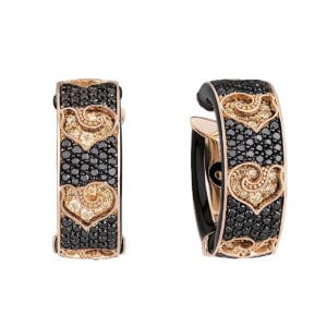 18K Pink Gold Carousel Earrings in Diamond Paved Rooster and Black Enamel