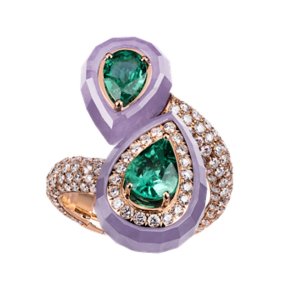 18K Pink Gold Joyful Ring in Emerald and Lavendar Jade