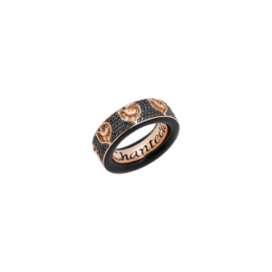 18K Pink Gold Carousel Ring in Black and Champagne Coloured Diamond Paved Rooster and Black Enamel