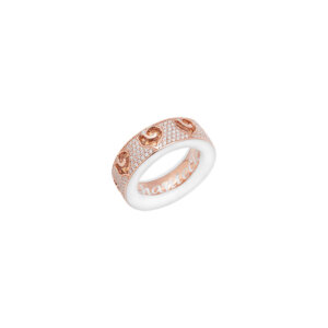 18K Pink Gold Carousel Ring in White and Champagne Coloured Diamond Paved Rooster and White Enamel